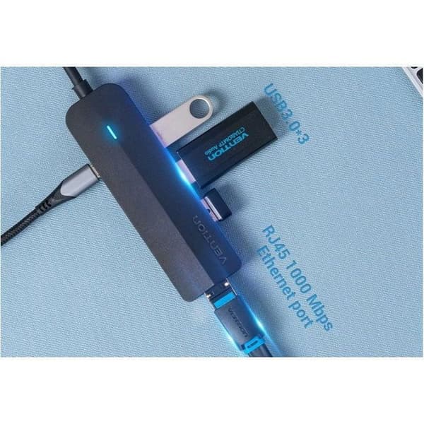 Vention 5-i-1 USB-C til 3x USB 3.0 / RJ45 Gigabit Ethernet Adapter / Micro-B HUB 0.15M Sort ABS Typ