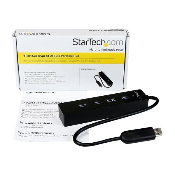 USB 3.0 Hub - StarTech.com - ST4300PBU3 - 4 porte - Indbygget kabel - Sort