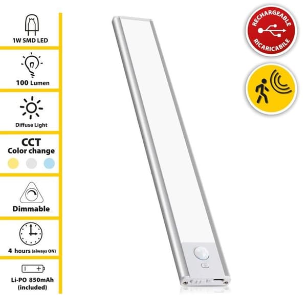 Genopladelig LED-lampe - LACTEA - 20 cm - 100 lumen - Bevægelsessensor - Sølv Argent