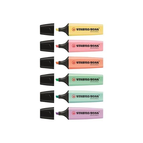 Stabilo BOSS ORIGINAL Highlighter poskipuna vaaleanpunainen, kermainen persikka, maidonkeltainen, ripaus turkoosia, kevyt mintun maku, sumu…