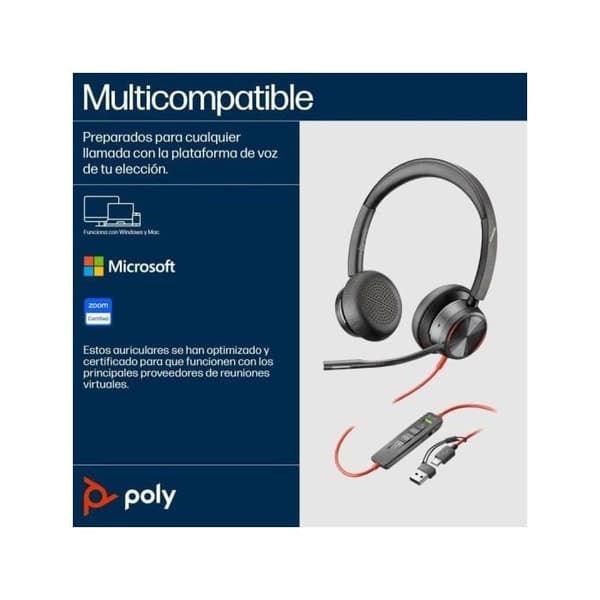 HP Poly Blackwire 8225 stereo USB-C kuulokkeet + USB-C/A-sovitin