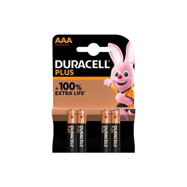 4 alkaliske batterier Plus 100 % LR03/AAA (1,5V) DURACELL