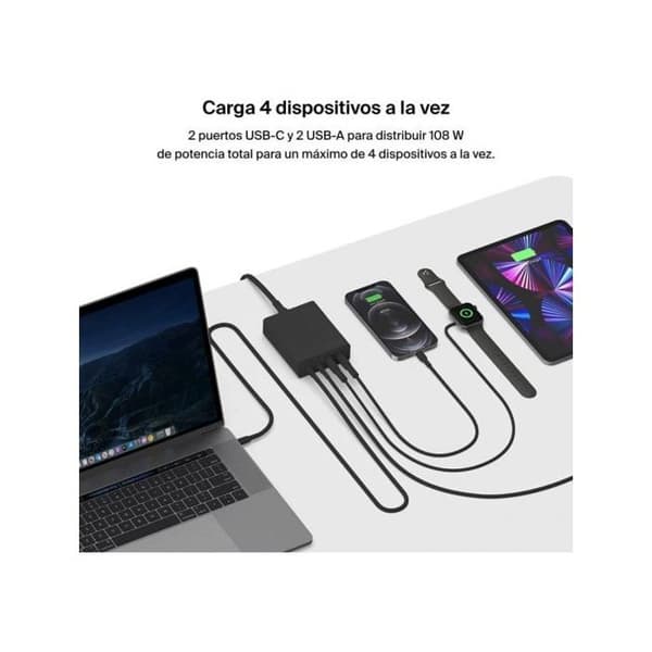 Lader - Belkin - DOCK 108W - 4 porte - USB-C og USB-A - Intelligent Power Sharing