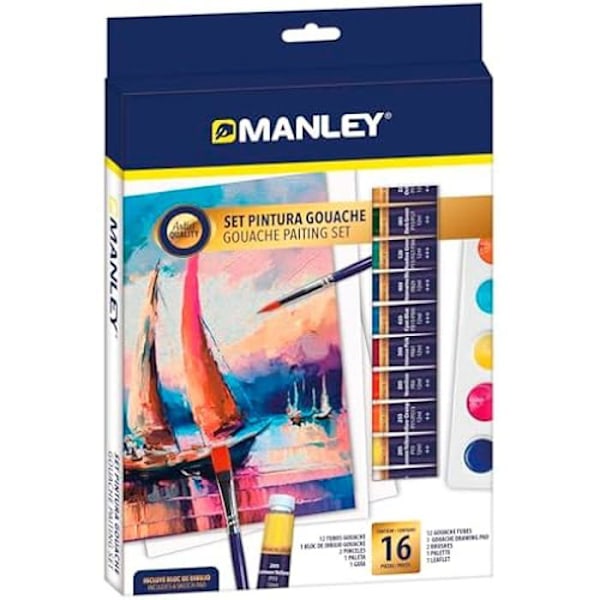 Gouache Paint Set - Manley - 16 delar - 12 färger - Perfekt för nybörjare - Artist Quality 12 färger gouache