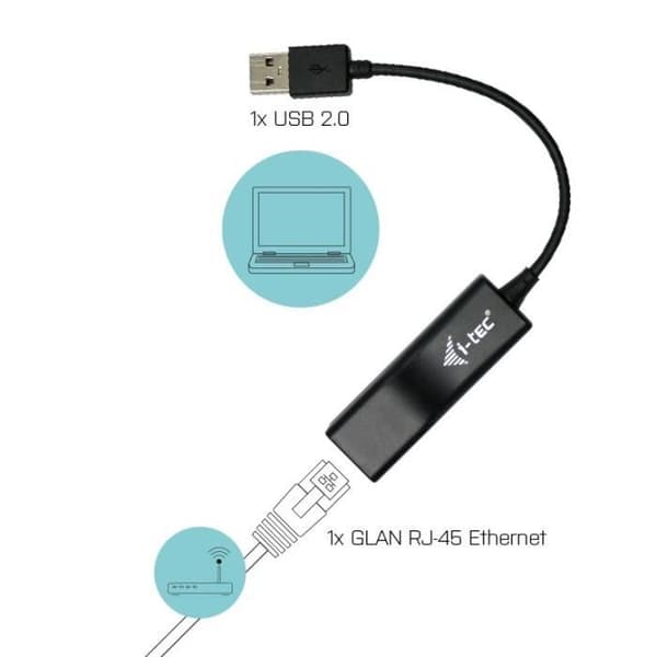 Ethernet-sovitin - I-TEC - USB RJ45:een - 100/10 Mbps - USB 2.0 - Musta