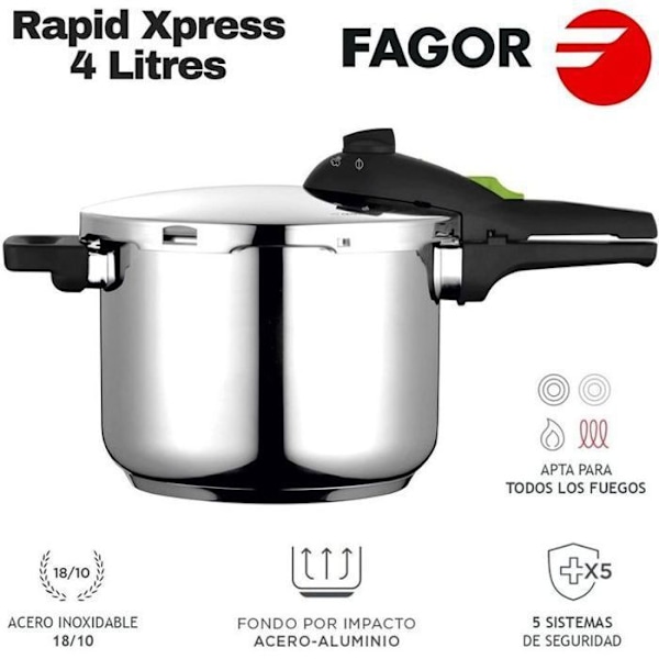 4 liters trykkoger, induktion, 18/10 rustfrit stål, 2 trykniveauer FAGOR Rapid Xpress 4 Silver 800055
