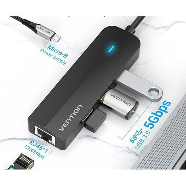 Vention 5-i-1 USB-C til 3x USB 3.0 / RJ45 Gigabit Ethernet Adapter / Micro-B HUB 0.15M Sort ABS Typ