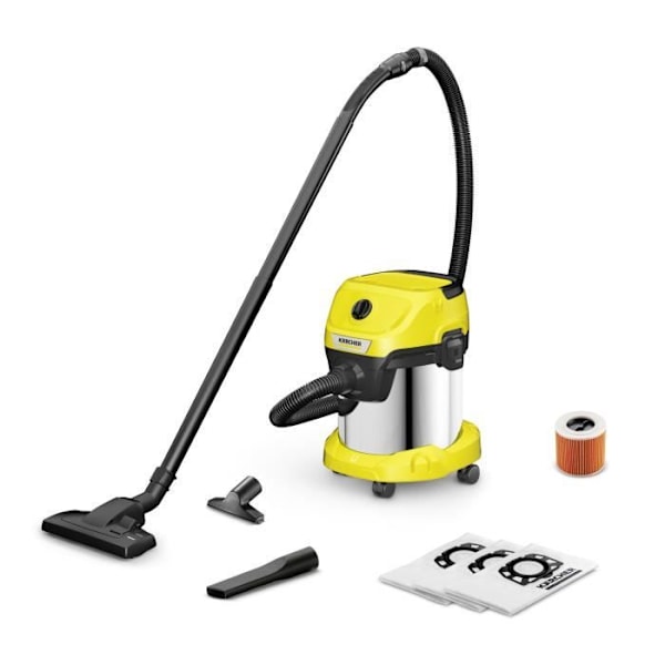Aspirator uden pose - Kärcher WD 3 S - 1000 W - Tør & våd - 15 L Sort, Rustfrit stål, Gul