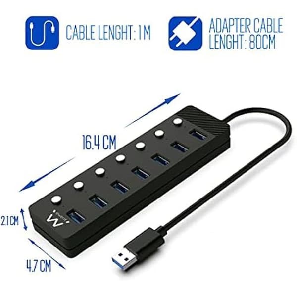 Ewent EW1147 USB-hub - 7 porte - uafhængige switche - strømadapter - Sort