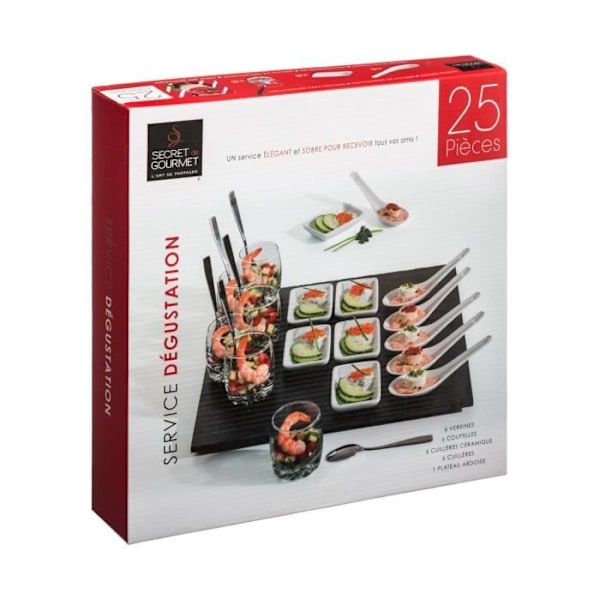 Apertitif-setti, neliö 25 kappaletta - Gourmetin salaisuus - Lasi, liuskekivi, posliini, ruostumaton teräs - 30,5 x 6,5 x 30,5 cm