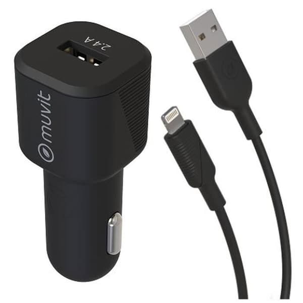 MUVITCHAN 12W bilopladerpakke + Lightning kabel - 1,2 m - Sort Sort