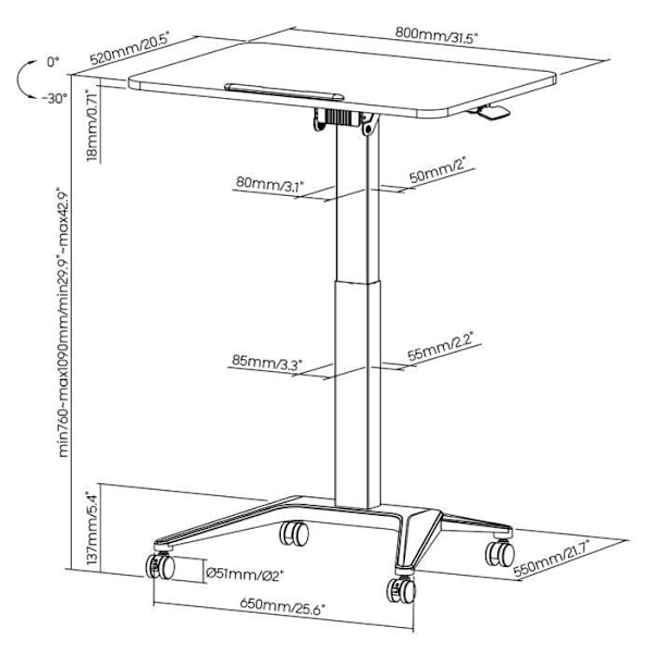 Bureau mobile til bærbar computer, Maclean MC-453B, sort, pneumatiske højdejustering, 80x52cm, 8kg max, 109cm h