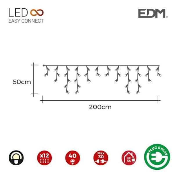 Gardinistapp med lättansluten programmerare 2mts x 0,5mts 12 remsor 40leds varmvit edm