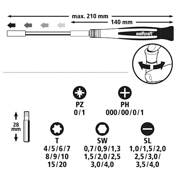 Præcisionsskruetrækker bitsæt - wolfcraft - håndskruetrækker og forlænger - 28 mm bits - 32 stykker - 1389000 Grå, svart och grön