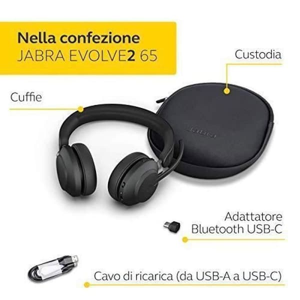 Jabra Evolve2 65 Trådløs PC Headset Lyd Headset Med Støjreduktion Microsoft Teams Certificeret med Langtidsholdbar Batteri Bluetooth Adapter