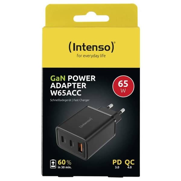 Intenso W65ACC GaN USB-lader 65 W 1x USB-A, 2x USB-C® sort indvendig GaN, USB Power Delivery (USB-PD)