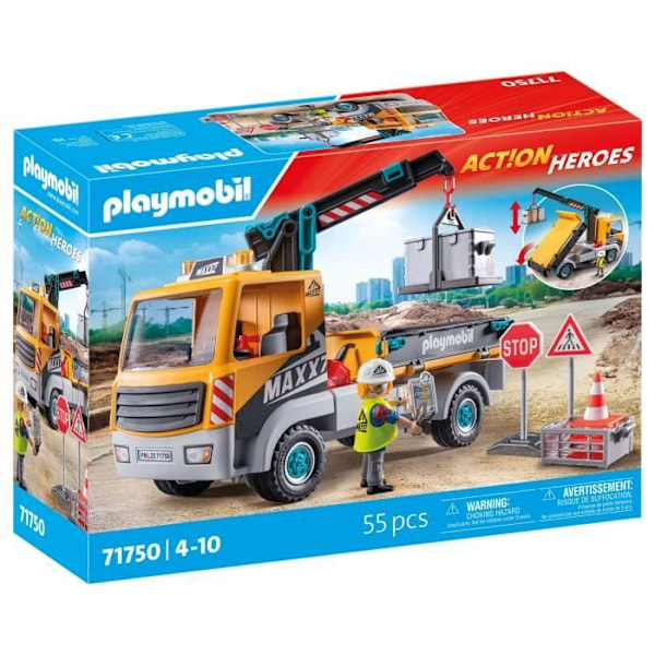 PLAYMOBIL 71750 Byggebil med kran, arbejder og tilbehør, Action Heroes, Byggeri, 55 dele, Fra 4 år Flerfärgad