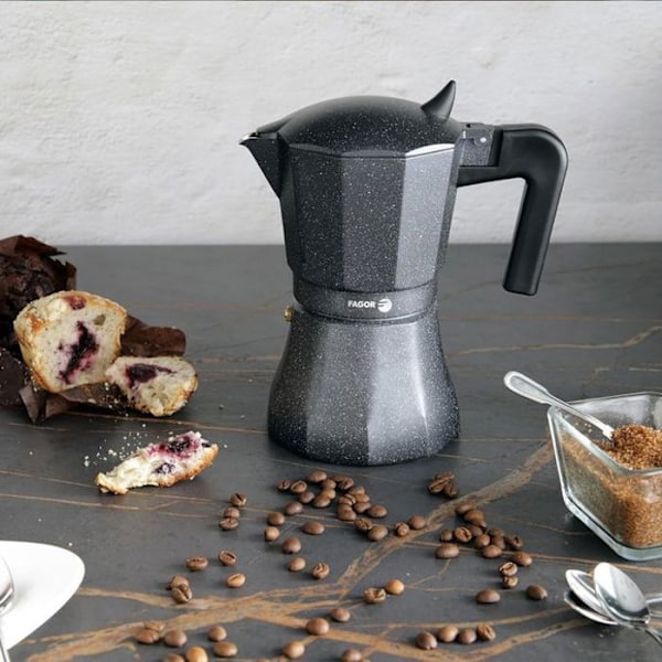 Espresso kaffekande i aluminium, 6 kopper kaffe, vitrokeramisk, gas FAGOR Tiramisú sort 00413 Svart