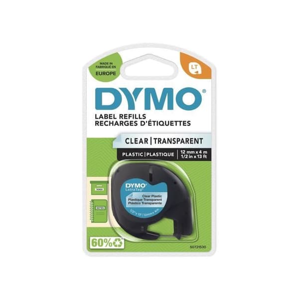 Ruban Plastique DYMO LetraTag 12mm x 4m Musta/ Läpinäkyvä