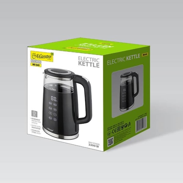 Elektrisk kedel - Maestro - MR-049 - 1,7L - 2200W - Berøringsskærm - Trådløs sort