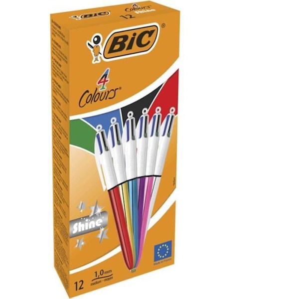 Retractabel kuglepenne - BIC - 4Colours Shine - Mellem spids - Assorterede farver - 12 stk. Blandad