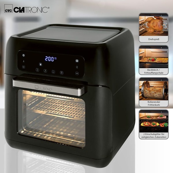 Fritøs med varm luft uden olie 11L digital 9 programmer kyllingespyd Clatronic FR 3747 1500W Sort 39377