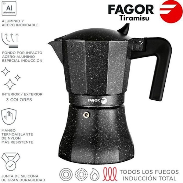 Italiensk espressobryggare i aluminium, 12 koppar kaffe, glaskeramik, gas FAGOR Tiramisú Svart 00437 Svart