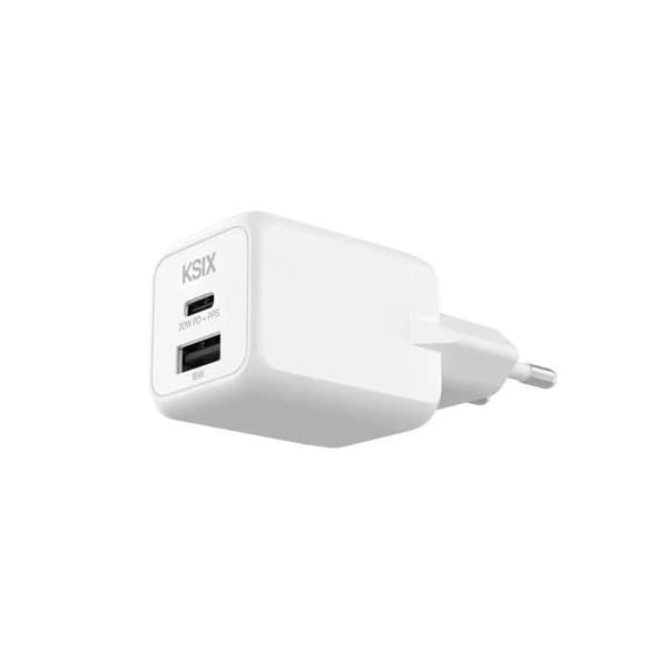Oplader - KSIX - BCD20GANACB - Hvid - 1 x USB-C - 1 x USB-A - 20W
