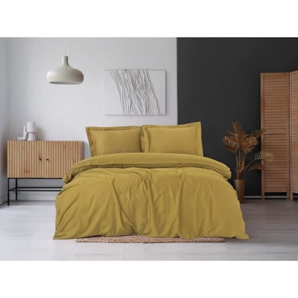 Sängkläder - 1 överkast 220 x 240 cm + 2 örngott 60 x 60 cm - Satin 100% bomull - Senapsgul Senap