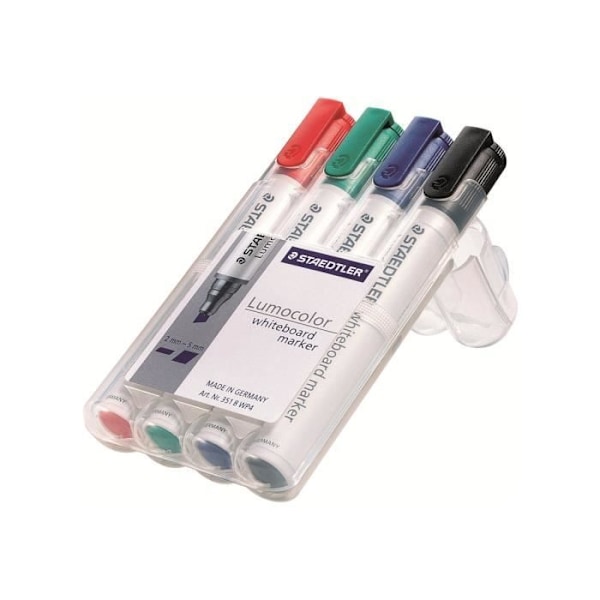 STAEDTLER Lumocolor Marker til glas, whiteboard, porcelæn, sort, rød, blå, grøn 2 mm pakke med 4 stk.