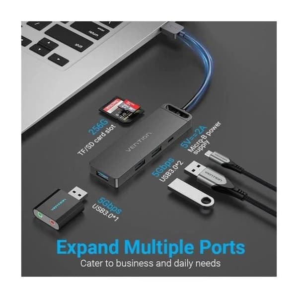 USB 3.0 - VENTION - CHVBB - 3xUSB - 1xMicroUSB PD - SD TF -kortinlukija - Musta