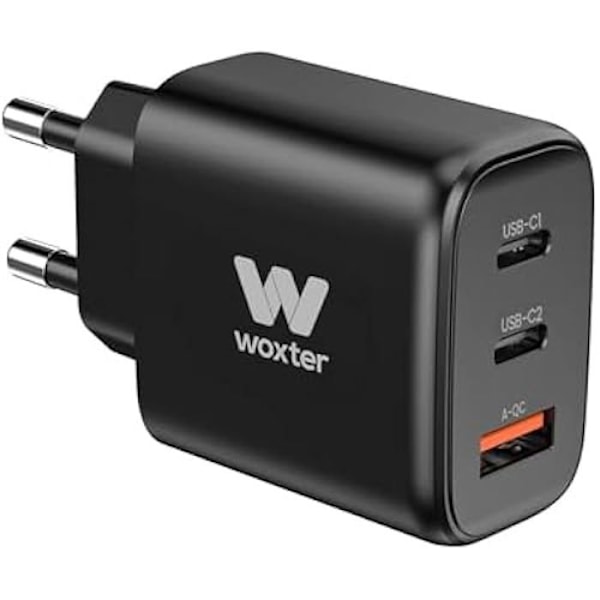 WOXTER 65 W laturi 2 PD+QC-porttia + C-kaapeli - Nopea, 2 USB-C + USB-liitäntää - Integroitu suojaus