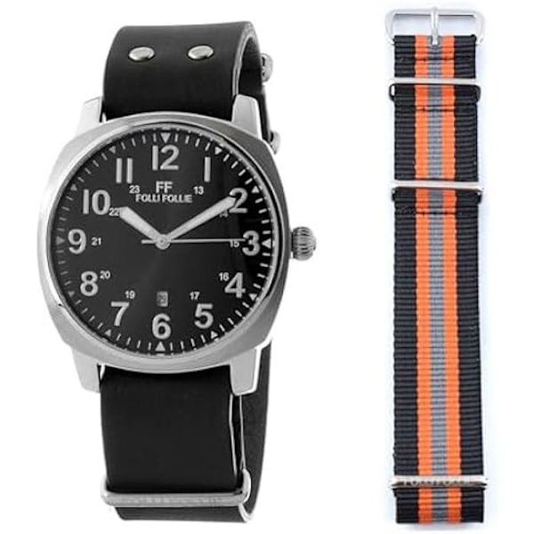 Herreur - FOLLI FOLLIE - WF14T001SDNN - Sort læder - Rustfrit stål - Kvarts - 42 mm Svart grå