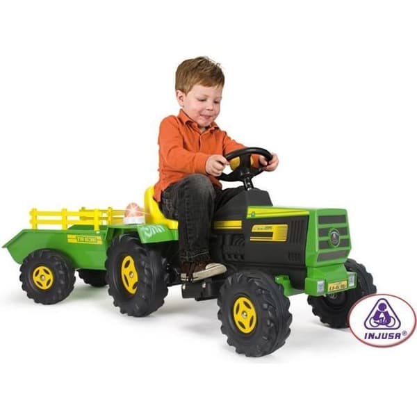 INJUSA Basic 6V elektrisk traktor til drenge fra 1 år - Fodpedal, Trailer, Lys og lyd Grøn, gul og sort
