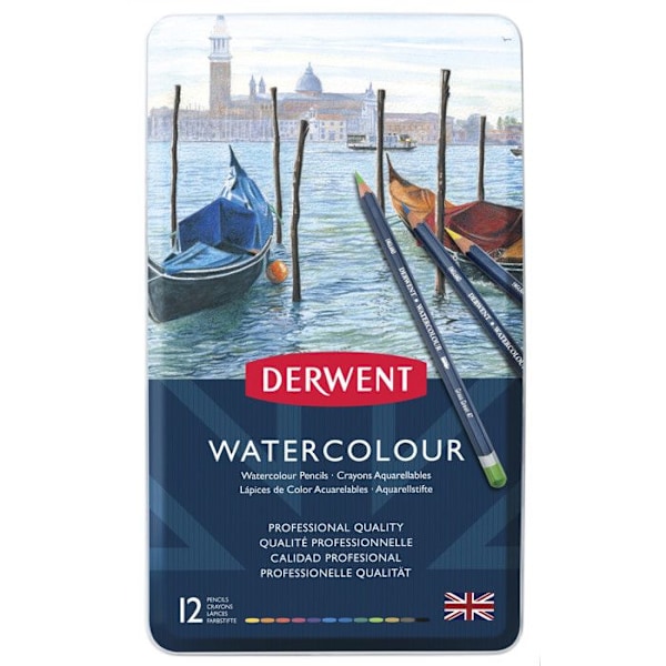 Akvarellkridt - Derwent - Vandfarve - Metalæske med 12 kridt - Assorterede - Blandede Blandad
