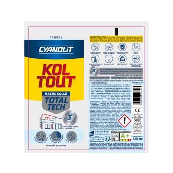 Kiinnitys- ja tiivistysliima - CYANOLIT - Total tech - Kristalli - Putki 125 ml - Kirkas - Monipuolinen ja joustava