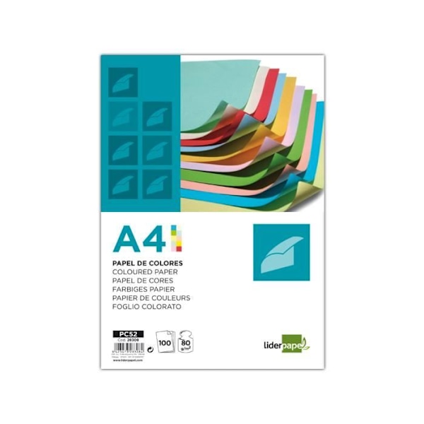 Multifunktionellt färgpapper - LIDERPAPEL - A4 - 80g/m2 - 10 assorterade färger - 100 ark gul, mellangul, blå, himmelsblå, kr