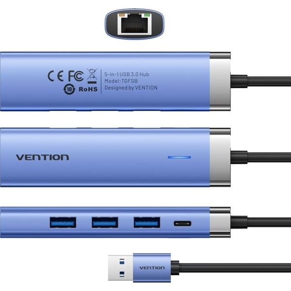 Hjemmebase - VENTION - 5-i-1 - USB 3.0 - RJ45 - 3xUSB-A - Aluminium Blå