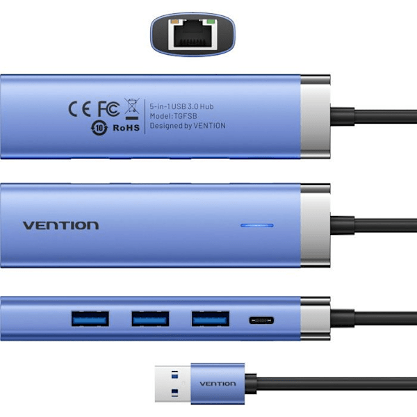 Vention 5-i-1 USB 3.0 til RJ45/3xUSB 3.0/USB-C Blå Aluminium Legering Type