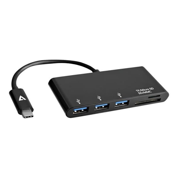 V7 V7 V7 V7UC3U-HUB-BLK-1E USB flashkort/hub-læser - USB Type C - Ekstern - Sort