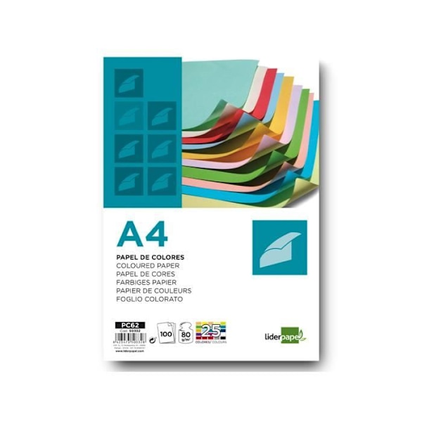 Multifunktion liderpapel farvepapir a4 80g/m2 sortiment 25 farver pakke 100 ark