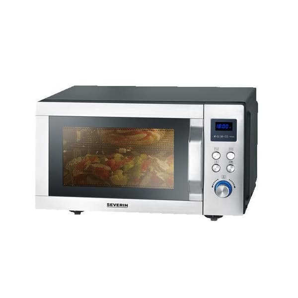 Mikroovn med grill og varmluft 3-i-1 - SEVERIN - Flad glasbund, 8 programmer, 900W, 25L - Rustfrit stål - MW 7777