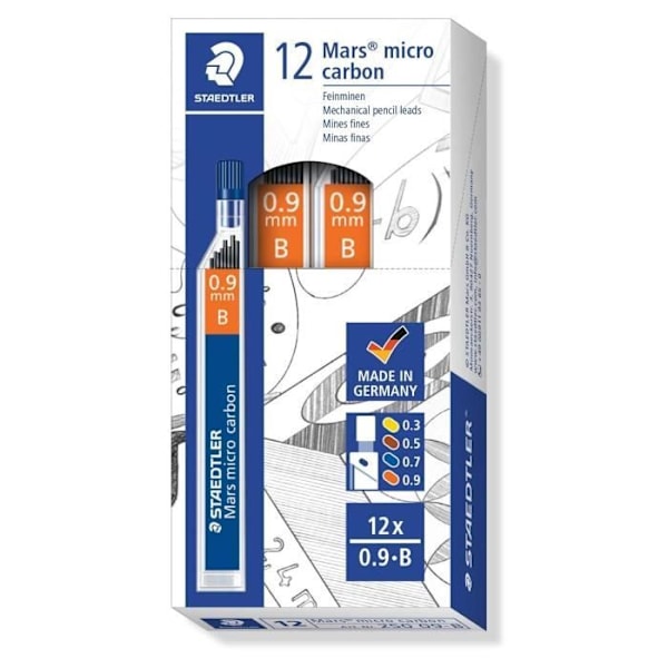 STAEDTLER Mars micro carbon 250 09-B Bly til mekanisk blyant 0,9 mm B - Pakke med 12 stk.