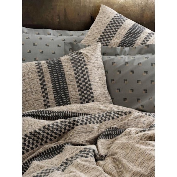 Bäddset - 1 täckets påslakan 220 x 240 cm + 2 örngott 60 x 60 cm - 100% förstärkt bomull - Brun Brun, svart och grå