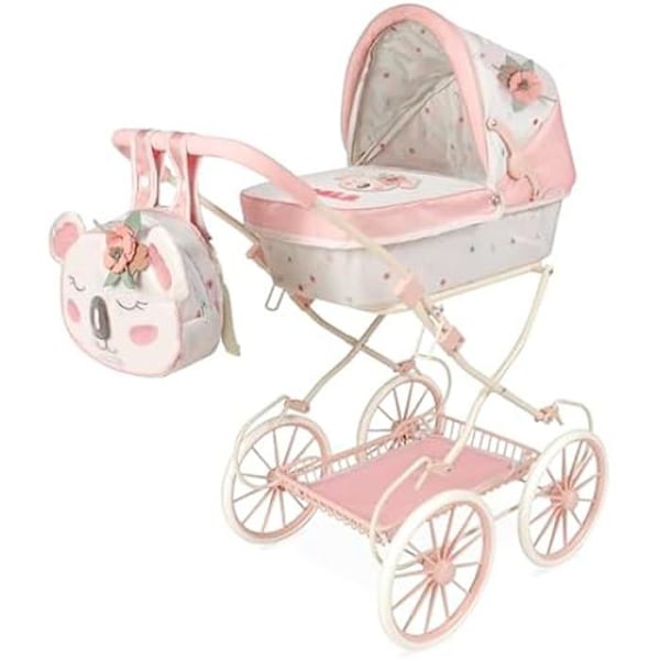 Dockvagn för dockor - DE CUEVAS - Modell 80079 - Fällbar - Matchande koala-väska - Stora klassiska hjul Vitt och rosa