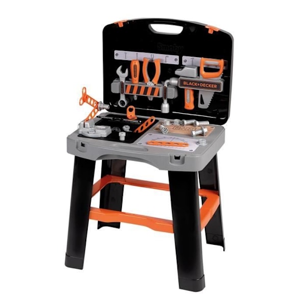 Smoby - Black and Decker -Bricolo Smart Workbench - Jäljitelmäpeli - Kotelo, joka muuttuu työpöydäksi - Mukana 33 lisävarustetta - Fa