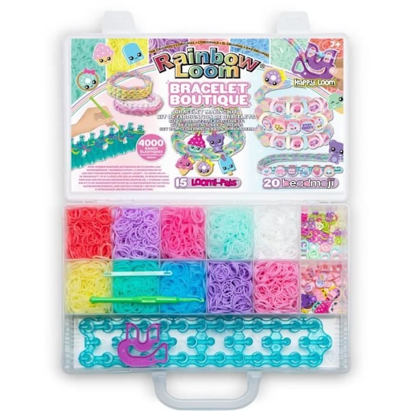 Coffret för automatisk tillverkning av elastiska armband - BANDAI - Rainbow Loom Butik - Innehåller 4000 elastiska, Beadmojis…