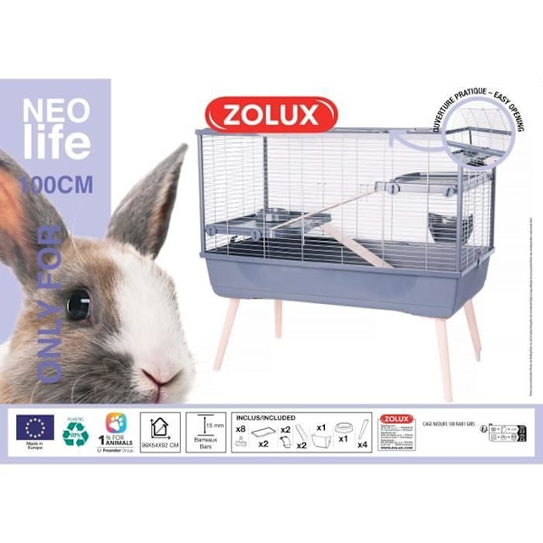 Meshbur för kanin och gnagare på benen NeoLife 100 L - Zolux Grey Grå