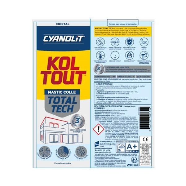 Kiinnitys- ja tiivistysliima - CYANOLIT - Total tech - Kristalli - Patruuna 290 ml - Läpinäkyvä - Monimateriaalinen ja joustava