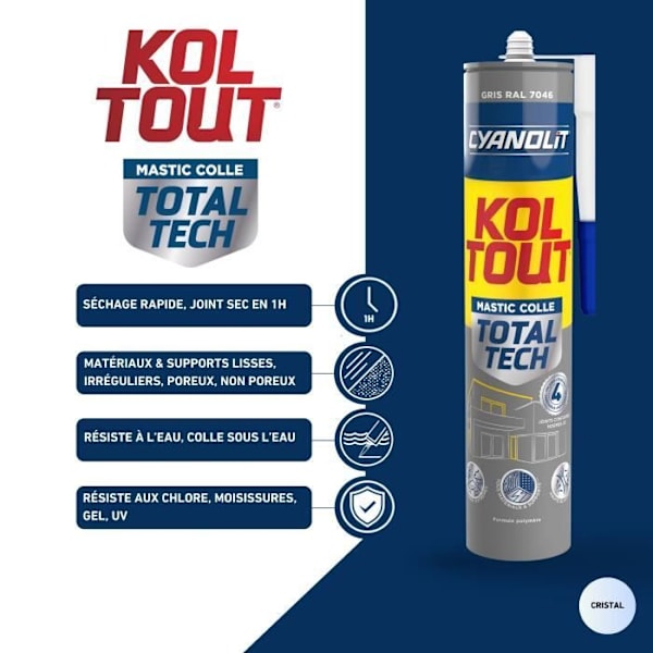 Fastgørings- og tætningssilicone - CYANOLIT - Total tech - Grå - Patron 290 ml - Multi-materialer - Modstandsdygtig og fleksibel
